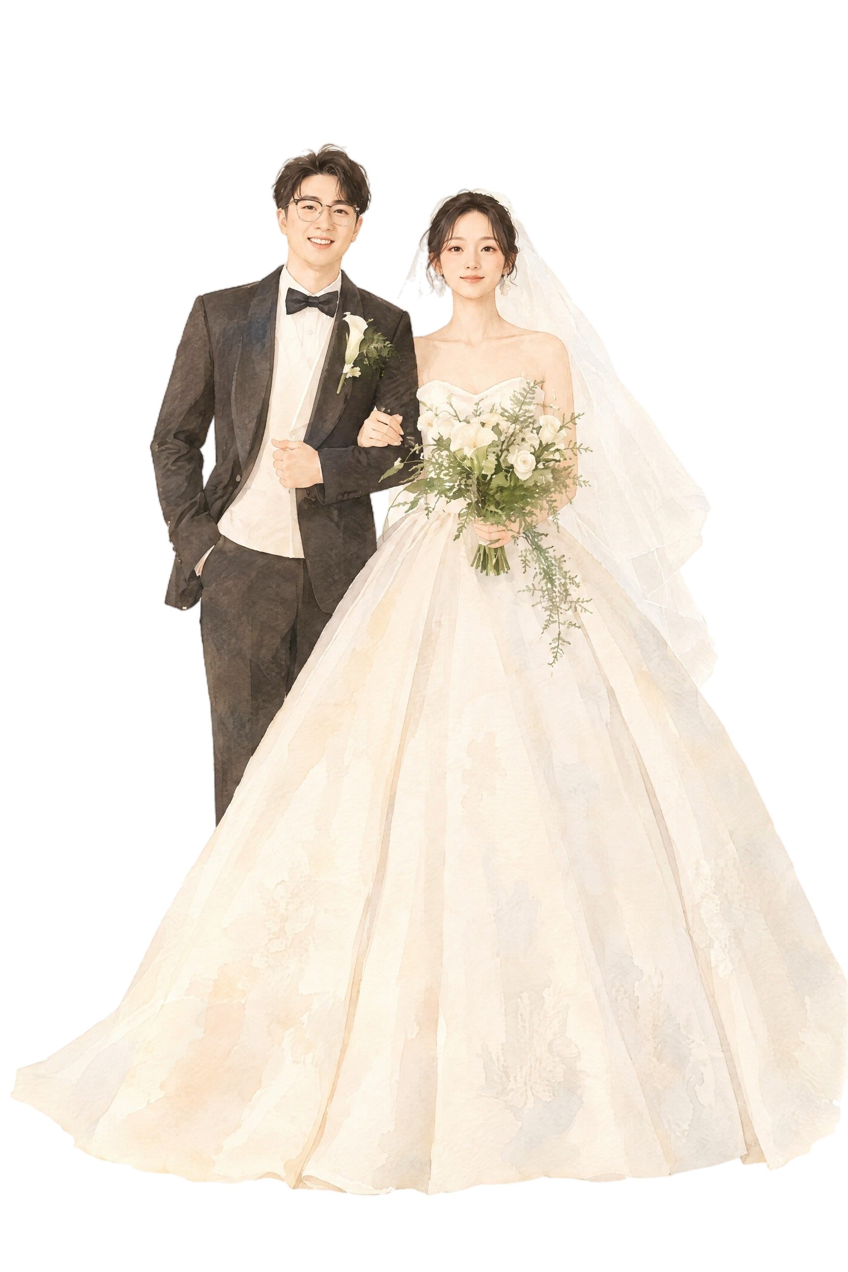 将这张婚纱照重绘为第一张参考图的手绘插画风格：温柔的水彩质感、… - 图片创意预览