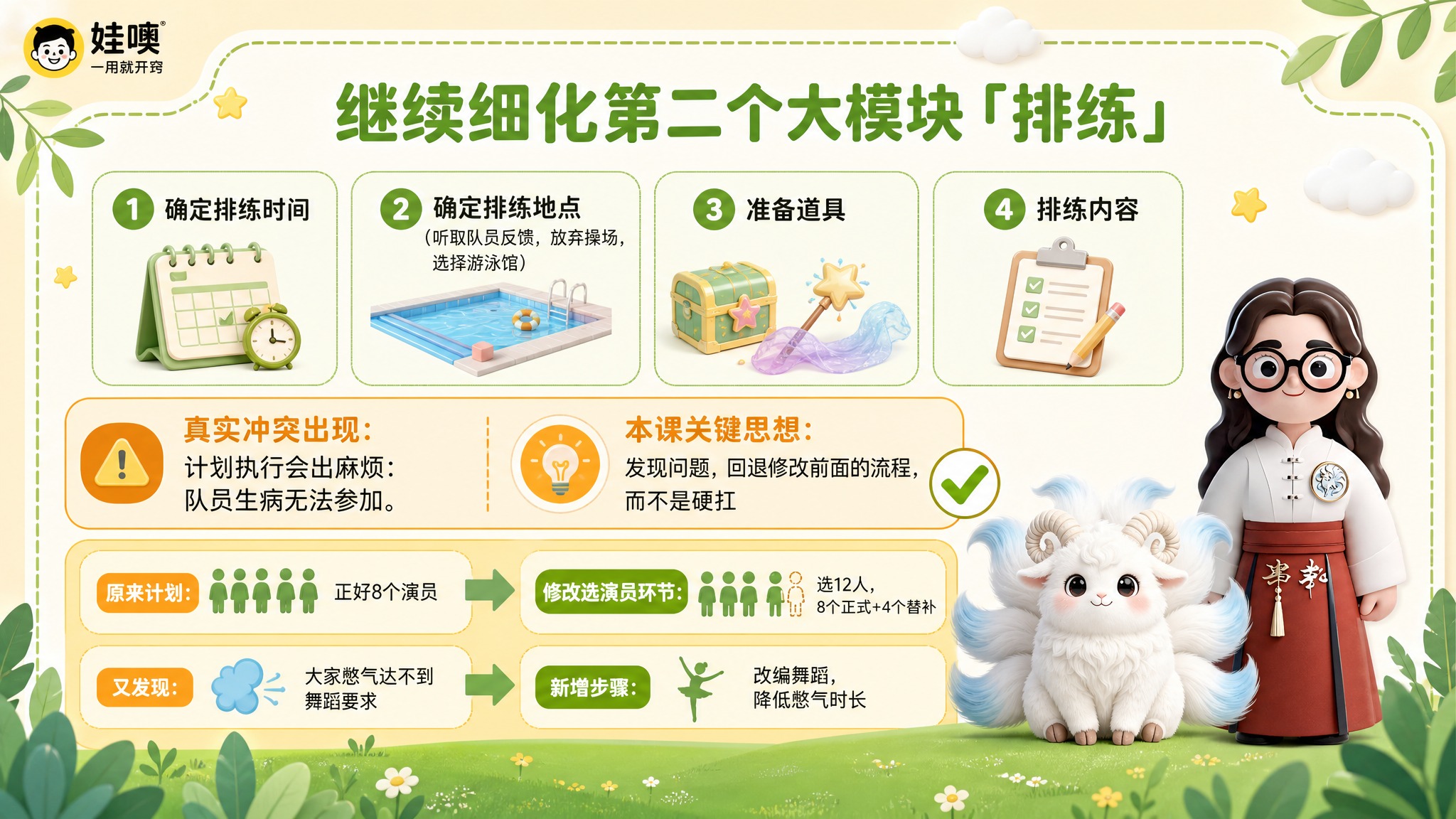 A4横版儿童教育PPT页面，清新杏色和绿色可爱风格，浅杏色背景… - 图片创意预览