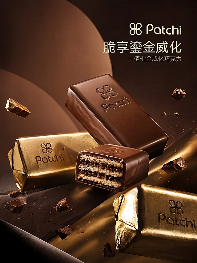 高端商业产品海报，主体是Patchi巧克力，包含完整的巧克力涂层威化饼干和切开的截面展示多层夹心结构，金色铝箔包装的巧克力块，多个角度错落堆叠摆放，强透视构图，镜头感十足，画面张力强烈。电影级光影，强烈明暗对比，侧逆光勾勒巧克力的丝滑光泽与金色包装的金属质感，精致的高光与细节。抽象艺术化背景，简约奢华的暖棕色调几何构成，高端广告品牌摄影风格，Octane渲染，超写实数字插画，4K高清画质，极致的巧克力丝滑质感与酥脆夹心肌理感。艺术抽象，诗意的高级氛围，完美构图，大师级配色，极具视觉冲击力，获奖级作品，高细节，高级感，布局协调，突出产品主体与诱人质感，视觉传达效果强烈
