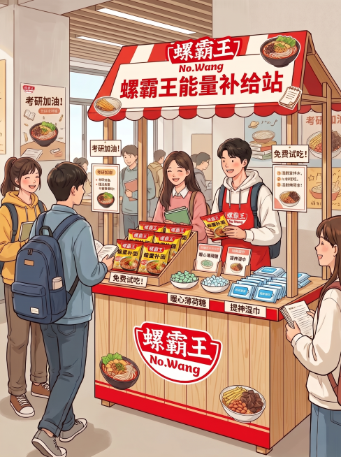 将图中所有蜗牛图案替换为螺蛳粉相关图案和元素，保持其他内容不变，保留螺霸王能量补给站考研场景、试吃装、薄荷糖和湿巾预览效果
