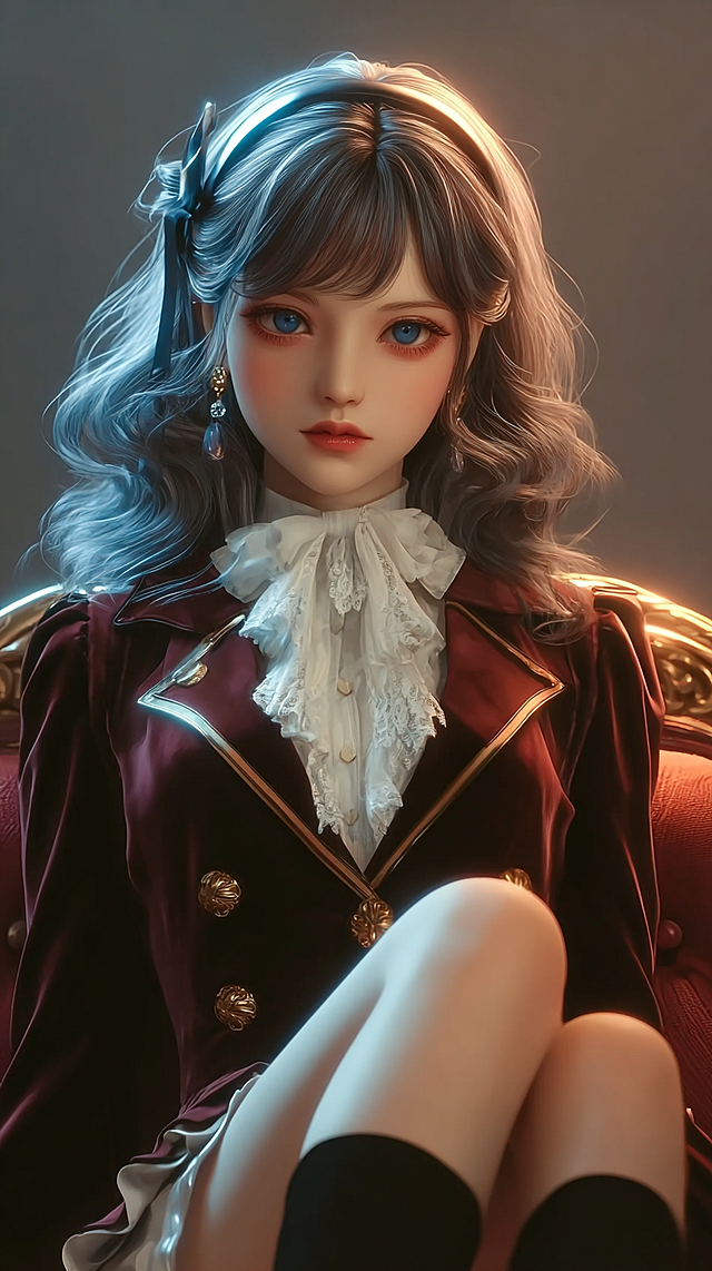 masterpiece, best quality, 8k, ultra-detailed, CG anime girl, full body shot, slender graceful figure, retro dark red velvet suit, gold buttons, knee-length skirt, white lace shirt, black thin socks, dark brown wavy hair with velvet hairband, side warm light, clear velvet folds, retro black round-toe low-heeled shoes, lounge background, detailed face (refer to face reference), retro elegant temperament, delicate skin