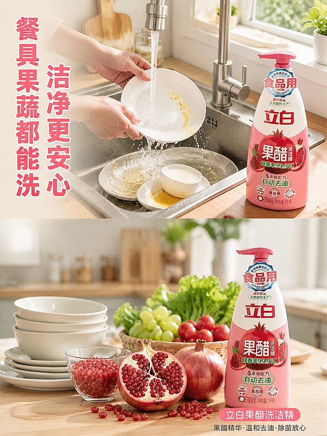 使用商品详情页技能根据商品图「图片1」生成详情页，参考图为，商品名称为立白果醋洗洁精1kg，卖点为石榴精华  浓缩配方 自动去油，适配平台为抖音/快手，图片比例为3:4，需求屏数为5张，生成果醋洗洁精详情图