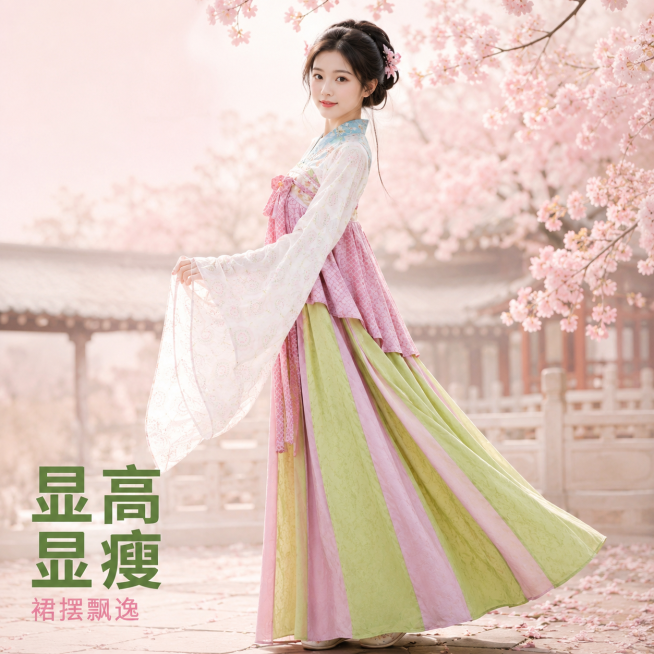 [主图-2] 汉服侧面版型展示图。
[氛围风格] 可爱治愈风，清新雅致氛围感；
[画质] 商业摄影质感、光线柔和通透、产品清晰真实、画面干净高级。
[元素] 和主图1为同一位年轻甜美亚洲女模特，侧身4预览效果