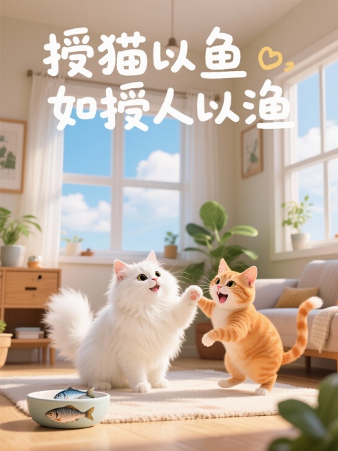 可爱手绘插画，一只白色波斯猫和一只橘猫在温馨家居角落玩耍，家具和绿植，猫碗厘米放2条鱼，趣味手写大标题文案：“授猫以鱼如授人以渔”，窗外是蓝天白云，温暖治愈氛围。预览效果