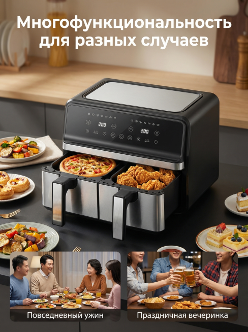 [主图 3] 多功能使用场景展示主图
[氛围风格] 现代简约家居风格，真实温馨用餐氛围
[画面元素] 商业摄影质感、光线柔和通透、产品清晰真实、画面干净高级。保持产品外观和参考图一致，空气炸锅放置在深预览效果