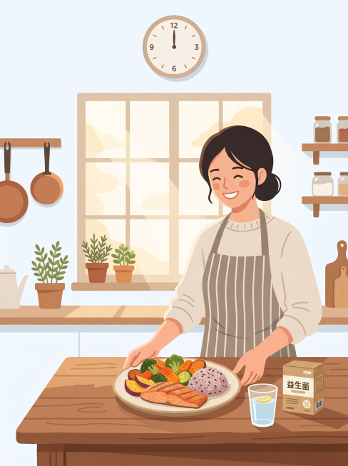 一位女性在温馨的厨房里开心地准备午餐，餐盘里盛放着鱼、蔬菜和杂粮饭，旁边摆放着一杯水和一盒益生菌，窗边有阳光洒入，墙上的时钟指向12点，温馨日常风格，扁平插画预览效果