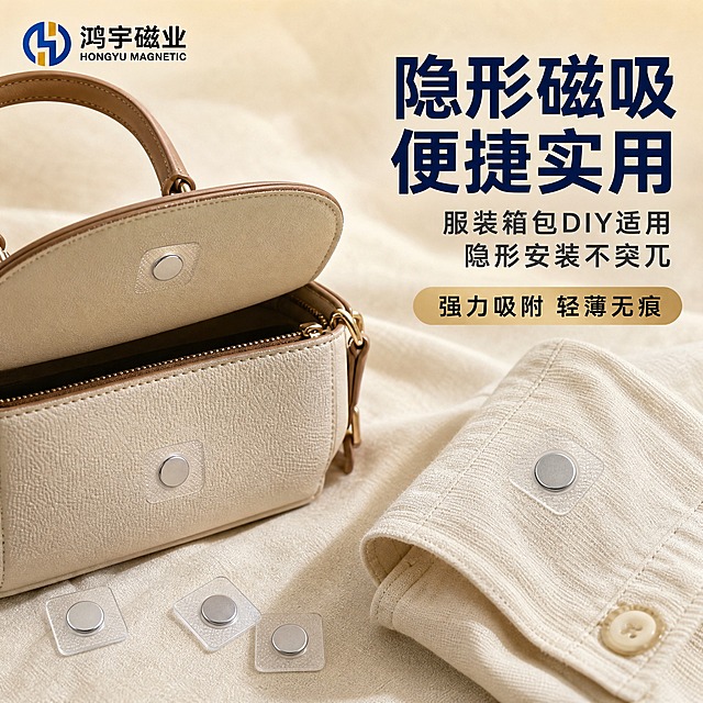 [主图-2] PVC单面磁 应用场景图，展示服装箱包DIY使用效果。
[统一基调] 蓝金工业品质风格，米金色渐变背景，深蓝色主标题，浅金色辅助标签，白色说明文字，粗黑体字体，整体专业可信的源头工厂质感。
[画面] 画面展示PVC单面磁在真实场景中的应用：左侧是一个精致的女式手提包开口处，隐形安装了PVC单面磁扣，包盖自然吸附闭合，展示磁吸效果；右侧是一件衬衫袖口或口袋处，隐藏式磁扣吸附的特写。背景是柔和的米金色渐变，带有淡淡的布料纹理质感。画面中还可以看到几枚散放的PVC单面磁产品作为补充展示。左上角放置鸿宇磁业品牌logo。
[光影质感] 真实生活场景摄影质感，柔和自然光，布料有自然的褶皱和纹理，金属磁铁有细腻光泽，透明PVC在布料上隐形自然，整体温暖有品质感。
[配色] 背景为米金色到浅米色的渐变，主标题深蓝色，辅助说明文字用深灰色，产品保持透明PVC+银色磁铁本色，箱包和服装选用米白、浅棕等暖色调与整体风格协调。
[文字版式] 顶部右侧深蓝色粗体大字写"隐形磁吸 便捷实用"，下方分两行小字写"服装箱包DIY适用""隐形安装不突兀"，底部有浅金色标签条写"强力吸附 轻薄无痕"，字体统一为现代粗黑体，文字放在画面负空间不遮挡产品和场景主体。
[输出要求] 1:1正方形比例，2K分辨率，场景真实自然，产品融入场景不悬浮，文字清晰可读，无变形、错字、模糊、水印、平台Logo。
