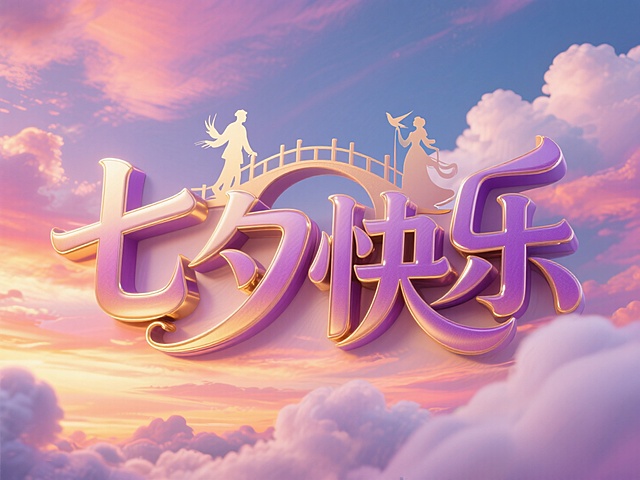 梦幻3D风格，浪漫超现实主义设计，大字“七夕快乐”桥上情侣剪影，节日氛围浓厚。