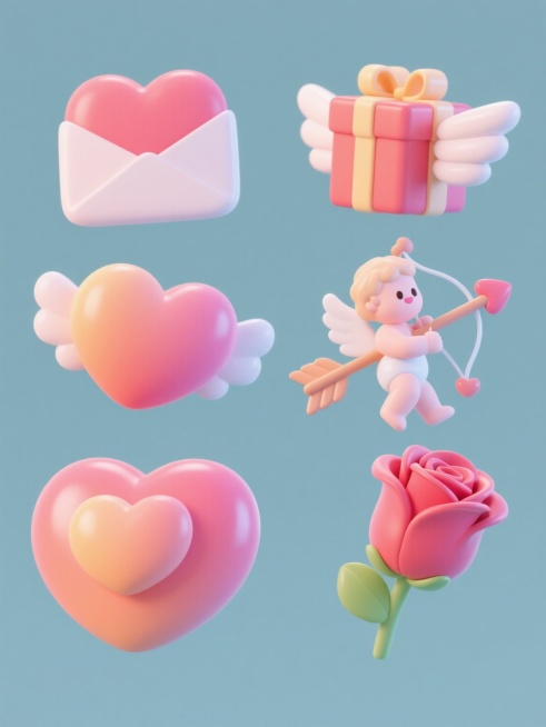 六个情人节主题3D立体图标，每个图标样式独特，配色各异，风格统一为圆润可爱的卡通风格，具有光滑的表面和柔和的渐变色彩，每个图标都有细腻的高光和阴影处理，呈现出柔软的材质感，排列整齐地分布在纯色背景上，图标元素包括爱心、信封、翅膀、礼物盒、丘比特之箭、玫瑰花等情人节相关元素，整体画面简洁明快，充满浪漫温馨的氛围，适合作为情人节主题的装饰元素或设计素材。预览效果