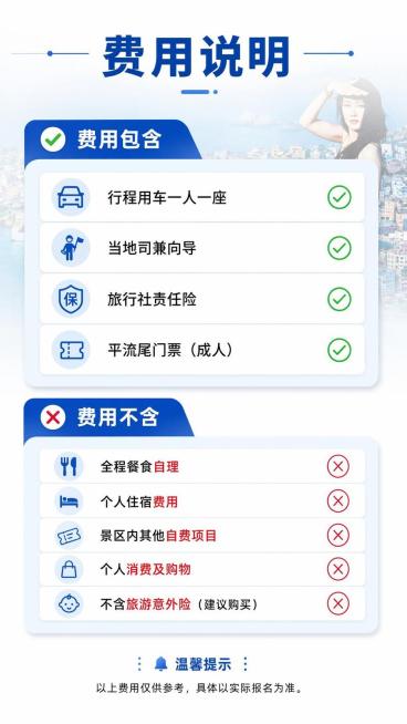 [第6屏] 福州连江一日游费用说明页。本屏使用【图1】做浅色背景装饰。  
[氛围/风格] 简约清晰信息风，条理分明，易读性强。
[元素布局] 页面分上下两大区块，上方「费用包含」，下方「费用不含」；预览效果