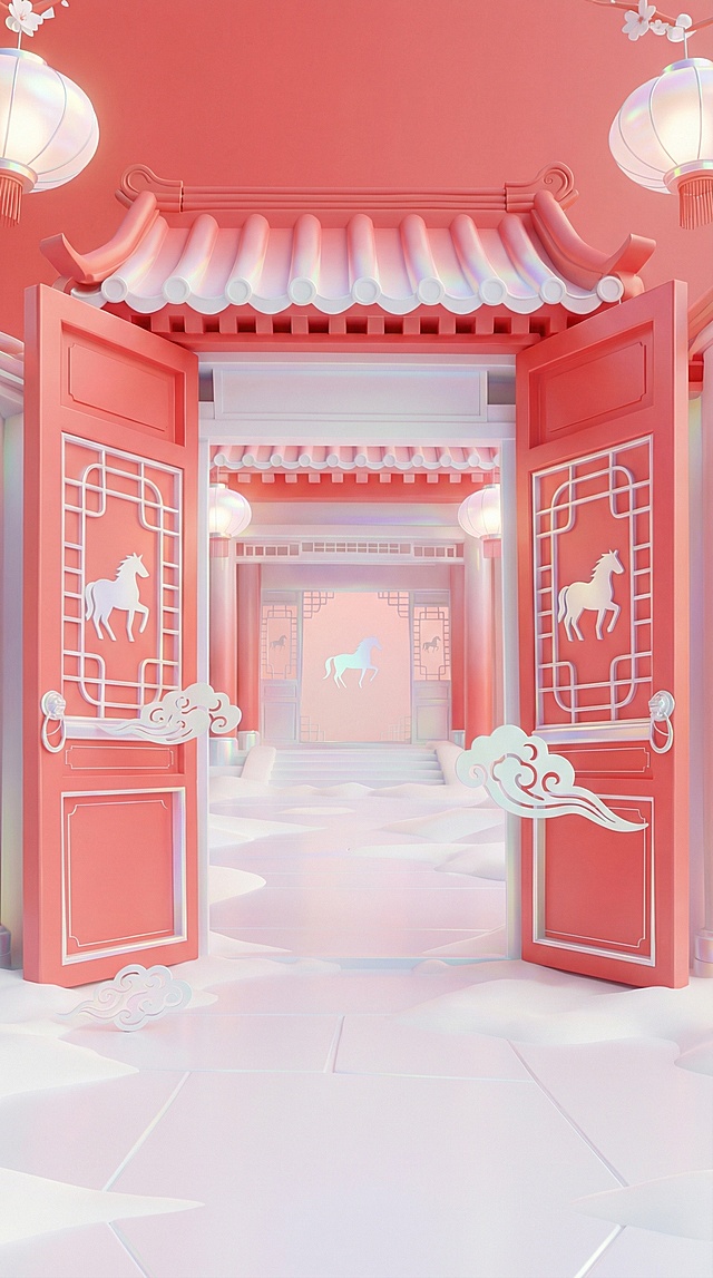 Adjust the image to a minimalist, modern style while retaining Chinese New Year details and the horse motif. Adjust the color tone to a pastel red gradient alternating with white, and add a subtle holographic effect to blend seamlessly with the image.