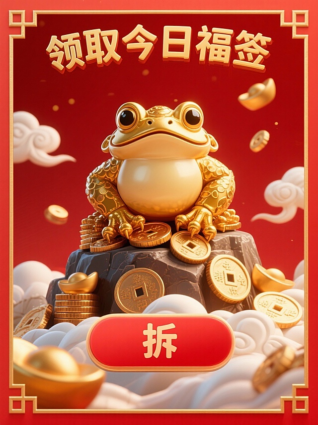 我还想要类似风格的弹窗图片，图中的主视觉编程一只体态圆润、金光闪闪的三足金蟾。它蹲坐在一堆高高的铜钱和元宝山上，也有祥云元素，下面的拆的按钮不要太小，要立体。