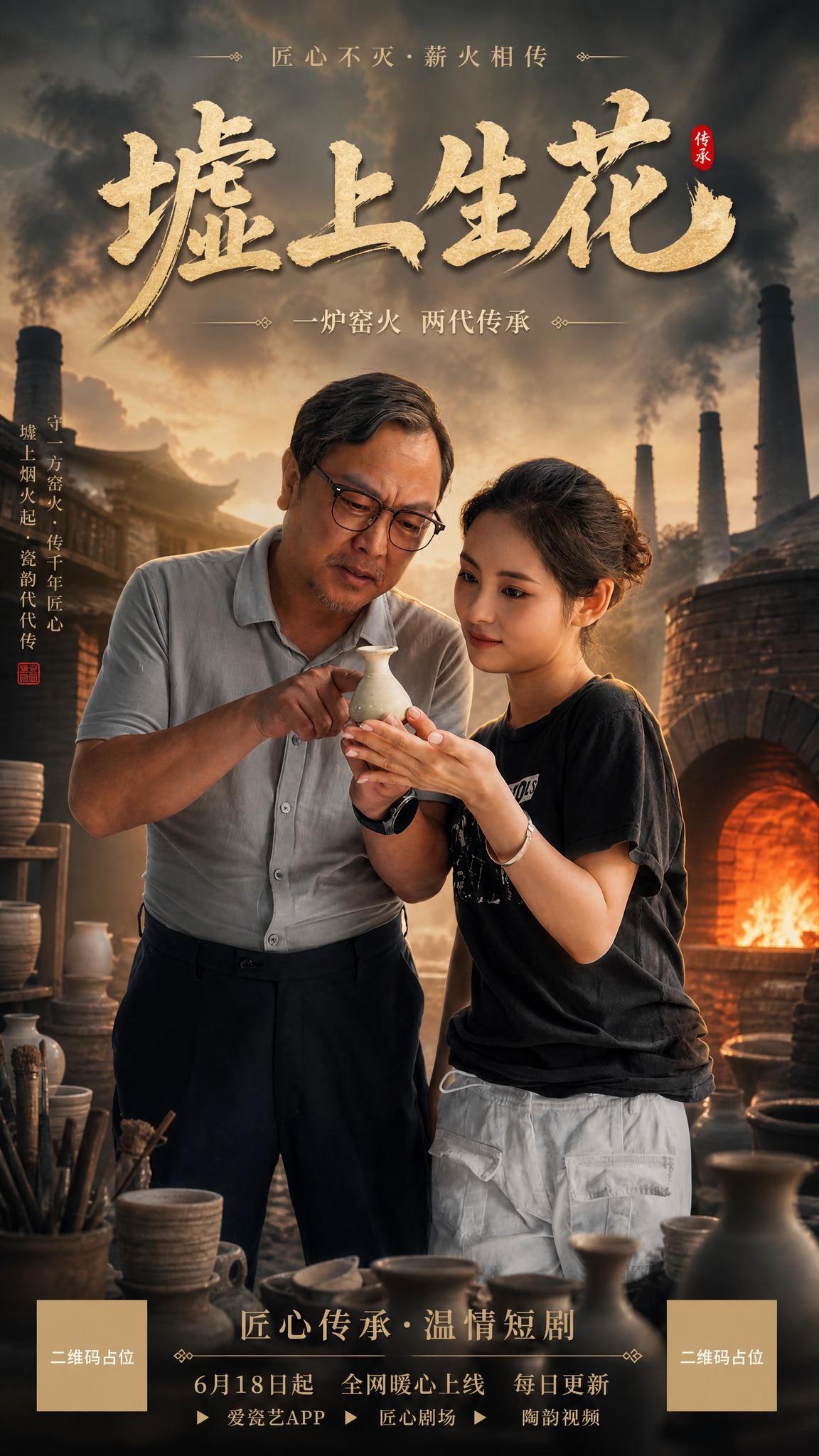 短剧《墟上生花》竖版封面海报，9:16竖屏构图。画面主体为爷孙… - 图片创意预览
