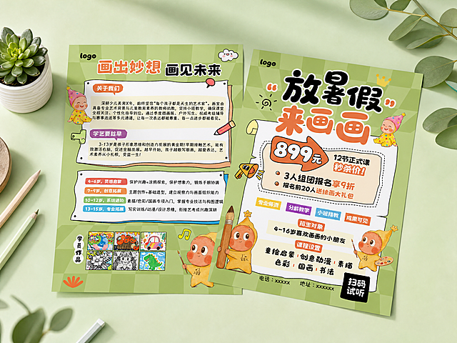 教育培训招生传单桌面样机，两张A4宣传单斜放交叉展示，第一张是图片1，第二张是图片2，保持两张海报内容完整不变，清新浅绿极简桌面，搭配多肉、铅笔、绿植等小清新装饰，柔和自然光，真实摄影级效果，卡通手绘风格，8K超高清，无水印，适合商业展示