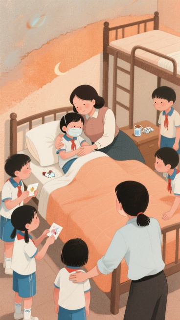 温馨绘本风格，以浅橙色和淡棕色为主色调，画面里老师像妈妈一样，抱着一个生病的学生，给学生讲睡前故事，旁边放着退烧药和温水。其他学生们围在床边，有的给生病的同学递卡片，有的给老师捶背，背景是温馨的宿舍房预览效果