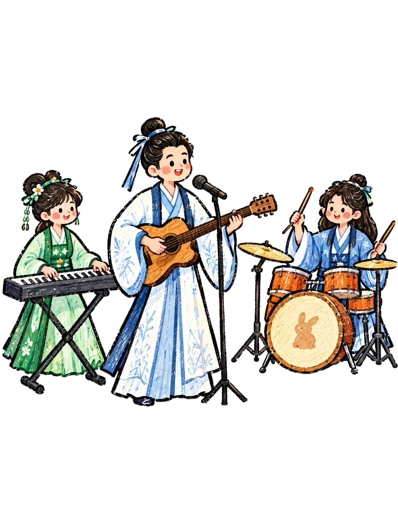 从参考图中提取三位汉服人物，去除所有背景、文字、logo、帐篷… - 图片创意预览