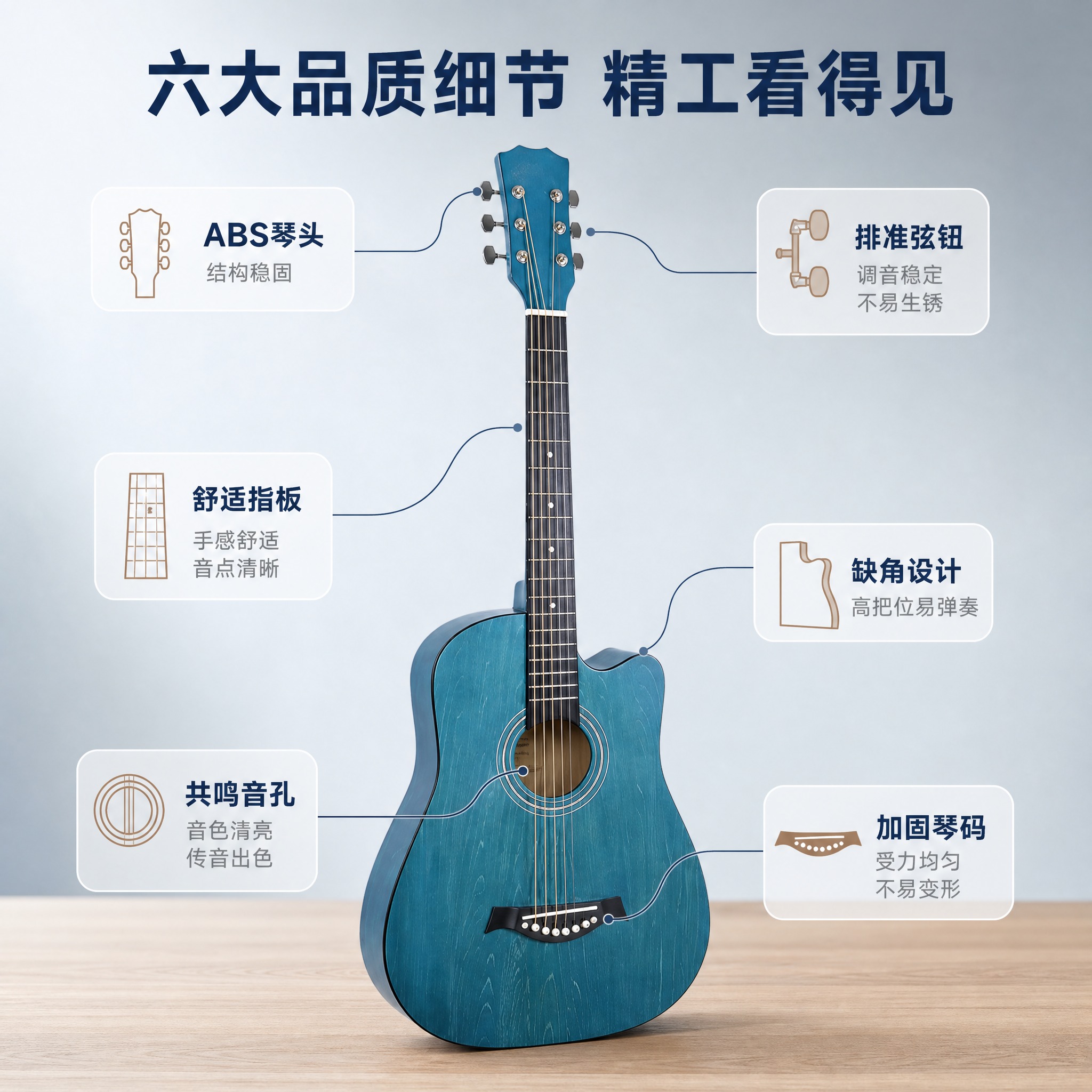 [主图-2重制] 六大品质细节亮点图，以吉他为中心用引线标注各… - 图片创意预览