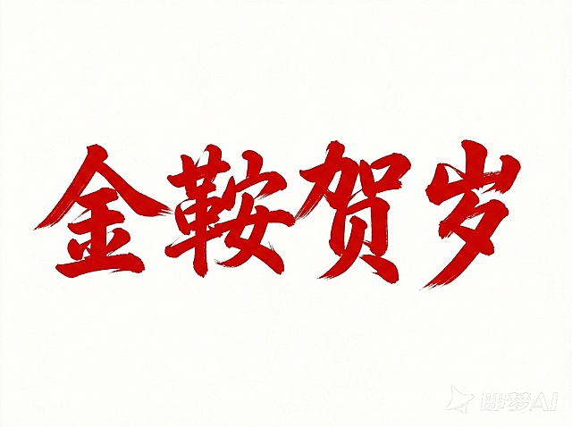 使用参考图中的字体、布局，将参考图中红色部分的文案改为“金鞍贺岁”文字横向排布