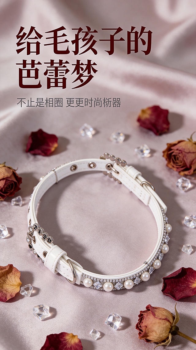 [第5屏] 差异化情绪价值展示-「月光芭蕾」珍珠水钻宠物项圈，传递精致养宠理念。
[氛围/风格] 法式浪漫美学，高级氛围感，文艺精致商业摄影。
[元素布局] 项圈整体放置在复古芭蕾风丝绸背景上，周围散落干枯玫瑰花瓣和水晶碎钻装饰，项圈位于画面视觉中心，占比约60%。保持项圈原有设计结构、颜色材质和珍珠水钻细节与原图完全一致。整体营造浪漫精致的诗意氛围，突出产品的情绪价值。
[光影质感] 柔焦漫射光影，珠光点缀，高光突出水钻和珍珠光泽，整体氛围感朦胧优雅，产品轮廓依然清晰。
[配色色系] 全局底色：低饱和灰粉色丝绸；主体：奶白项圈+白钻；点缀：干枯玫瑰棕色调。
[视角构图] 斜侧俯视构图，中心主体，周围自然散落装饰，留白舒适，艺术感强。
[文字版式] 左上角主标题「给毛孩子的芭蕾梦」，优雅法式字体，深棕红色；下方副标题「 不止是项圈，更是时尚配饰」，浅灰色小字；文字排版文艺松弛，不遮挡产品主体。
[比例分辨率] 9:16竖版比例，4K分辨率，文字清晰可辨，超高清。
[负向提示词] 产品变形，颜色偏差，文字错乱，构图拥挤，氛围杂乱。