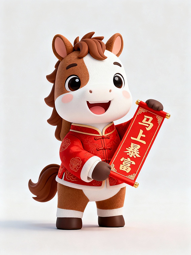 软3D风格萌马拟人形象，身着国潮红袍，手持“马上暴富”春联，融合可爱感与喜庆元素，传递新春祝福。