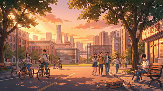 写实风格，高清 8K 超精细校园黄昏原创插画，黄金时刻暖调黄昏光影，柔和橘粉渐变落日余晖斜洒在大学校园里，长长的建筑阴影铺满柏油校道，通透丁达尔光束穿过香樟树冠；前景是骑着共享单车的学生、结伴边走边说笑的年轻学子、路边长椅上低头看书的男生，散落的行李箱、奶茶纸杯、街边小卖部暖黄色灯牌，浓郁生活化烟火气息；中景错落排布多层校园教学楼、玻璃幕墙图书馆、宿舍楼，远处衔接错落的城市高层居民楼与写字楼，城市建筑群连绵延伸，天边漂浮淡橘色薄云；景深镜头，细腻光影层次，真实胶片质感，自然光写实渲染，细节拉满，色彩柔和治愈，广角拍摄，构图稳定，电影级氛围感