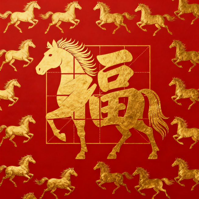 春节马年主题，红底配金色奔马纹，福字的田字格设计为马身轮廓，融入马鬃元素，金色福字厚重古朴预览效果