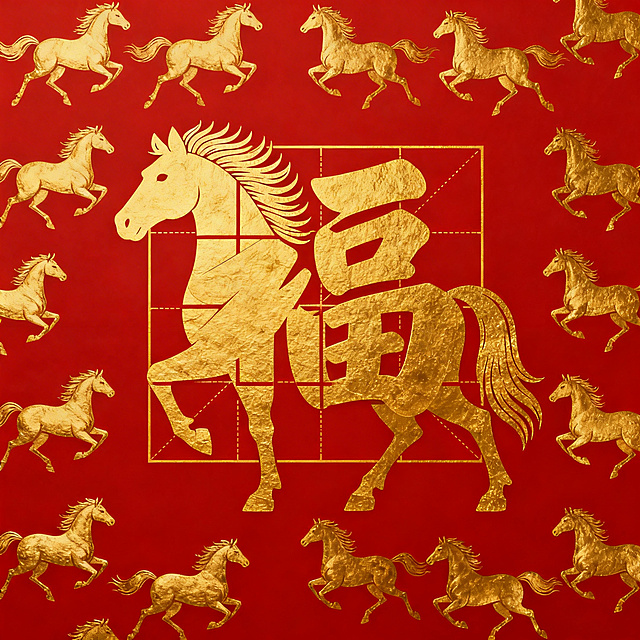 春节马年主题，红底配金色奔马纹，福字的田字格设计为马身轮廓，融入马鬃元素，金色福字厚重古朴