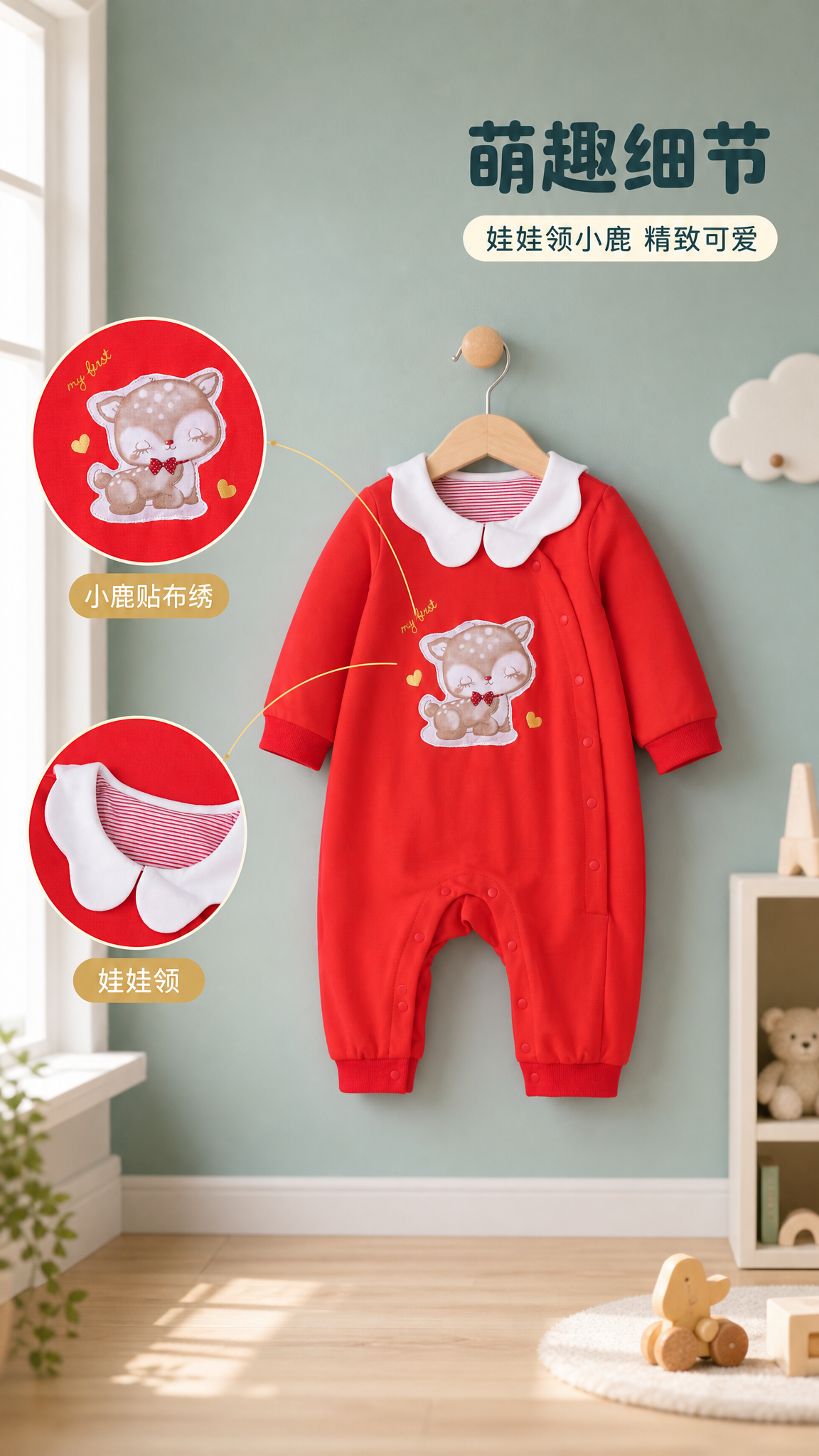 红色长袖连体爬服萌趣细节图，衣服挂于原木色简约挂衣架上，正面朝… - 图片创意预览