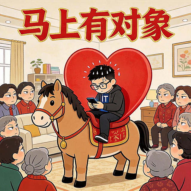 插画风融合国潮元素，拟人化马匹与紧张青年构成趣味场景，卡通感十足，喜庆红心与“马上有对象”字样传递节日氛围，漫画式夸张表情增强幽默感。