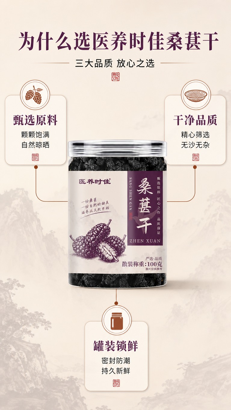 [商品] 使用【图1】医养时佳桑葚干罐装，保留罐体与标签原貌；… - 图片创意预览