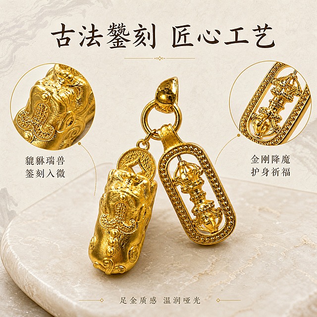 [主图-2] 古法黄金貔貅金刚杵吊坠工艺卖点图，展示古法錾刻工艺与材质细节，强化品质感。
[统一基调] 国风轻奢高级感，背景为浅米白宣纸质感带淡墨纹理，主标题用书法感国风宋体深棕色，辅助文案用纤细宋体灰棕色，强调色为哑光金，整体光影柔和带轮廓光，精致克制。
[画面] 产品斜向摆放于画面中央，主体占比约70%，保持原图双吊坠造型与古法黄金质感不变；左侧放大貔貅头部錾刻纹路的微距细节圈（画中画形式），用细金线引出标注「古法錾刻 纹路清晰」；右侧放大金刚杵镂空结构的细节圈，标注「一体镂空 工艺精湛」；产品放置在浅米色玉石台面上，台面有细微纹理，投射柔和接触阴影。
[光影质感] 商业珠宝微距摄影质感，顶光柔光箱均匀打亮，两侧补光，黄金表面温润哑光，雕刻纹路深浅分明有立体感，金属边缘顺滑无毛刺，细节处清晰可见錾刻痕迹。
[配色] 背景浅米白宣纸淡墨纹，主标题深棕色，辅助文案灰棕色，细节标注线金色，玉石台面浅米灰，整体暖调素雅高级。
[文字版式] 顶部横排主标题「古法錾刻 匠心工艺」，书法感国风宋体，深棕色；左右两个细节圈旁各配一行小号说明文字「貔貅瑞兽 錾刻入微」「金刚降魔 护身祈福」；底部居中加一行极细辅助文案「足金质感 温润哑光」；文字不遮挡产品主体。
[输出要求] 比例1:1，2048x2048，产品与细节均清晰锐利，文字清晰可读，黄金质感真实；负向：变形、错字、模糊、杂乱、水印、平台Logo、塑料感、过曝、产品悬浮。