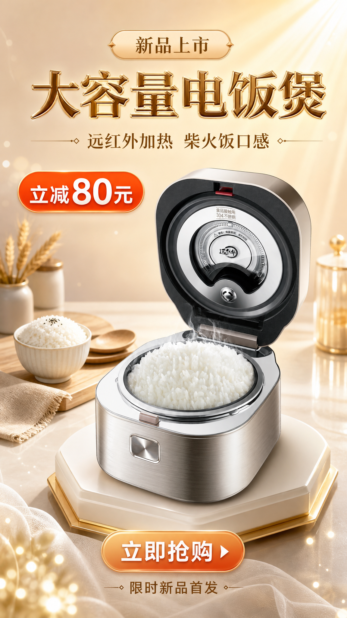 制作一张竖版 9:16 电商商品营销海报，主题为电饭煲新品上市… - 图片创意预览