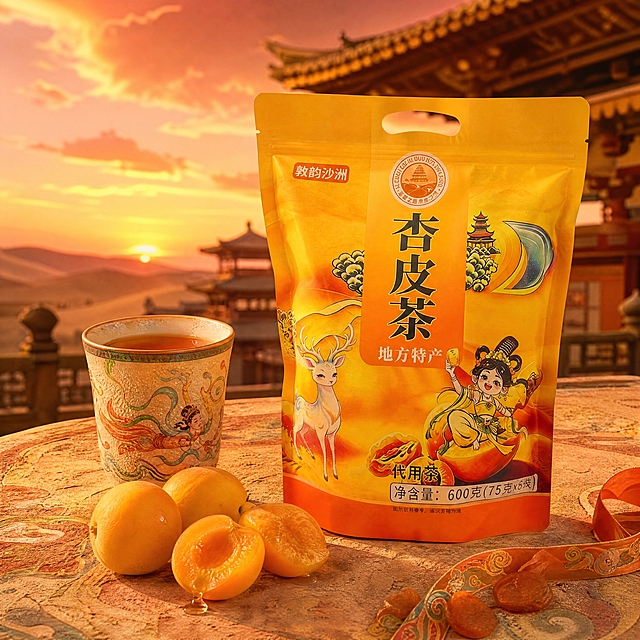 超写实食品商业摄影。
主体：杏皮茶橙黄色包装袋（敦煌飞天款）严格参照上传产品图，完整保留所有可见组件、轮廓、结构、比例、材质、颜色与产品本体上的文字信息（logo/图案/品名/净含量等），与上传图完全一致；自然融入场景光影，与场景共处同一物理空间。产品占画面约60%，完整不裁切，中景构图，背景无其他同类产品包装。
构图：45度俯拍，黄金分割构图，产品居中偏右。
风格：敦煌国潮风。
场景：敦煌风格庭院露台，傍晚暖霞氛围。
环境：①产品下方，土黄色肌理质感的石质台面，带有敦煌壁画质感的纹理；②包装袋左侧，一只敦煌风格彩绘陶瓷茶杯，盛有深琥珀色杏皮茶，杯壁冷凝水珠；③包装袋前方，几枚饱满的金黄杏子，其中一枚掰开露出多汁果肉，果汁欲滴；④背景，虚化的敦煌飞檐建筑轮廓与橙红色晚霞天空，远处隐约可见沙丘剪影；⑤台面角落，一小卷敦煌风格丝带与几粒杏干。
配色/材质：橙黄/朱砂红/土黄/琥珀色；塑料自立袋/彩绘陶瓷/石材/鲜果/丝绸。
光影：主光为左前方45度的傍晚暖红色霞光，照亮包装袋正面，色彩浓郁温暖；辅光为右侧石台面反射的暖光，整体氛围感强，光影柔和，敦煌壁画般的暖调质感。
参数：4K 超写实商业摄影，景深虚化。严格锁定宽高比为 1:1。