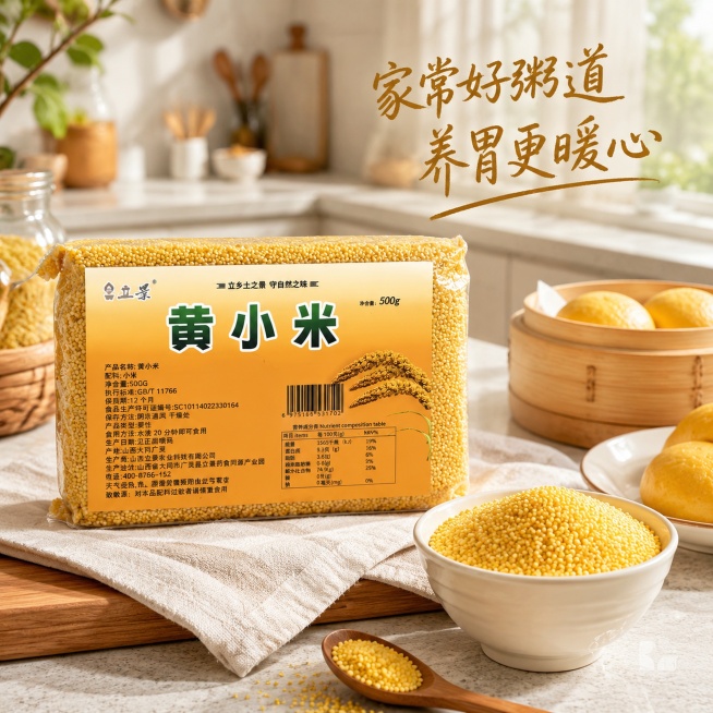 [主图-4] 黄小米家庭厨房场景展示图
[氛围风格] 生活化场景，真实代入感
[画质] 商业摄影质感，光线柔和通透，产品清晰真实，画面干净高级
[元素] 真空包装黄小米放置在干净整洁的厨房台面上，旁边预览效果