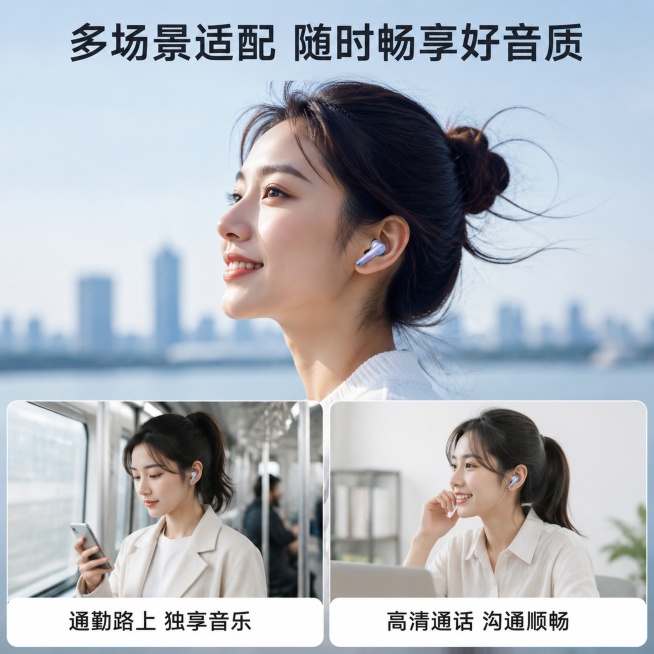 [主图-4] 多场景佩戴体验展示；
[氛围风格] 生活化年轻感，真实自然；
[画质] 商业摄影质感，人物产品清晰，画面干净高级；
[元素] 上半部分：年轻女生侧脸佩戴蓝牙耳机，自然微笑，展示佩戴效果，预览效果