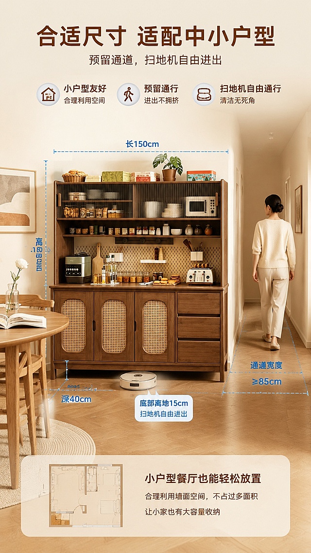 [第7屏] 空间尺度展示-实木餐边柜小户型适配展示页。本屏使用【图1】作为产品主体。
[氛围/风格] 生活化空间展示，真实场景参考，自然温馨，清晰标注呈现。
[元素布局] 餐边柜放置在小户型餐厅场景中，用虚线标注整体长宽高尺寸：标注柜体进深适合餐厅小通道，旁边展示人体侧身通过，验证小户型也可顺畅通行；产品外观结构颜色与原图一致。
[光影质感] 自然柔光，空间整体明亮通透，尺寸标注清晰，不遮挡产品主体。
[配色色系] 全局底色 #F9F3E9，主色胡桃木棕，标注虚线浅蓝，文字深棕。
[视角构图] 平视场景视角，展示产品与空间比例关系。
[文字版式] 顶部主标题「合适尺寸 适配中小户型」，副标题「预留通道，扫地机自由进出」，尺寸标注引线清晰，文字不遮挡产品，简单易读。
[比例分辨率] 9:16竖版比例，4K分辨率，文字清晰可辨，高清画质。
[负向提示词] 尺寸标注错误，柜体变形，比例失调，文字错乱，水印，背景杂乱