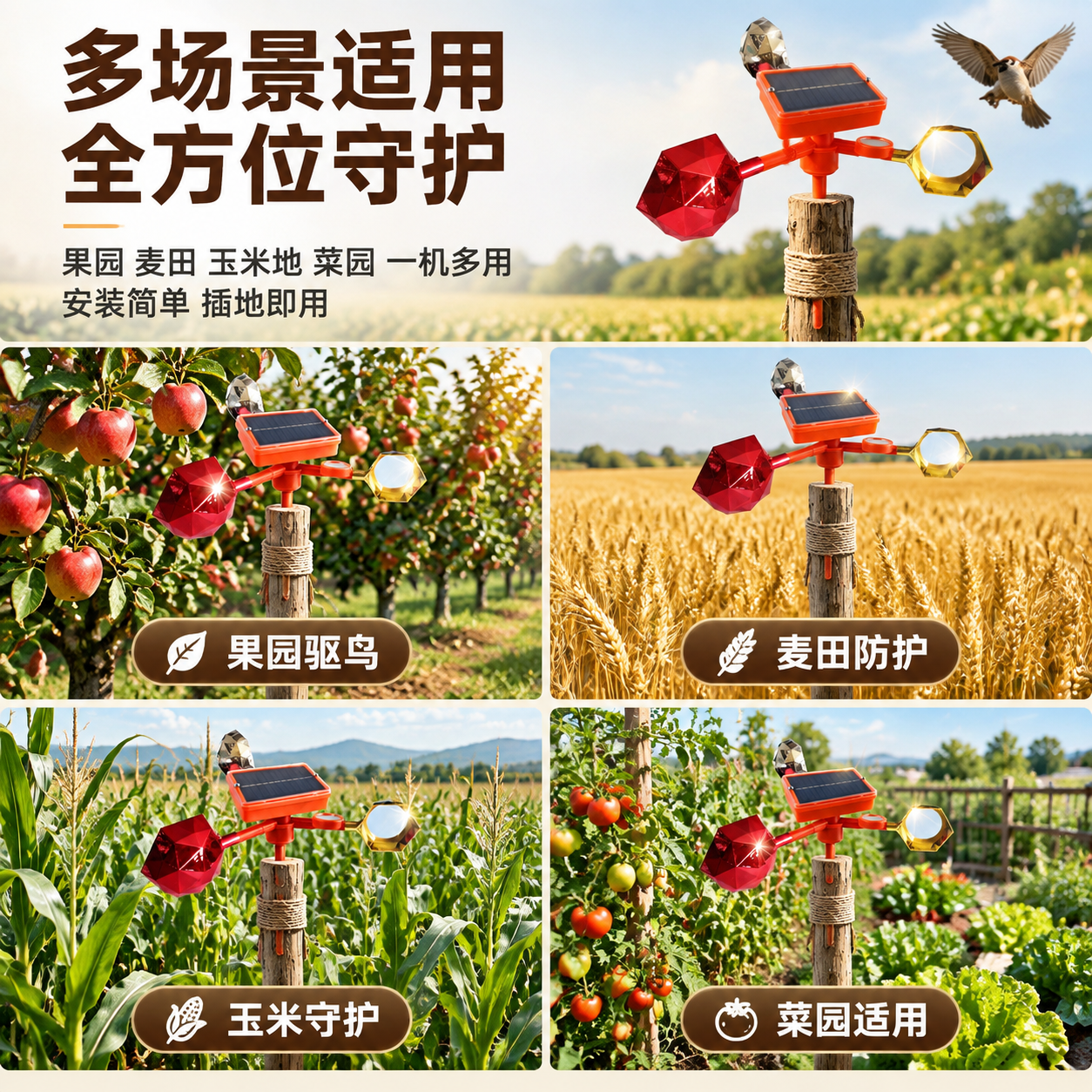 [主图-4] 多场景适用图，主题为防鸟器适用多种农田果园场景，… - 图片创意预览