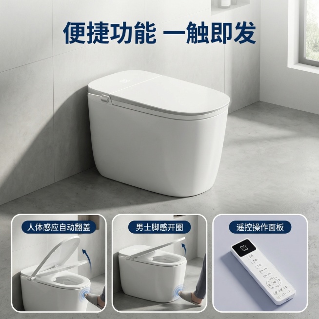 [主图 2] 智能马桶核心功能展示
[氛围/风格] 现代简约风格，干净明亮的卫生间环境，自然光影，科技质感
[画面元素] 保持原U-101白色智能马桶主体不变，场景为明亮卫生间，采用七三分构图，产品主预览效果