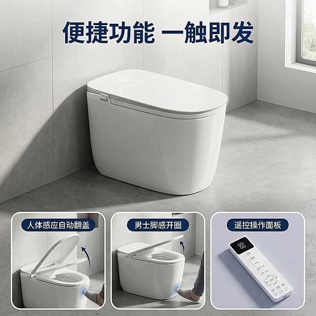 [主图 2] 智能马桶核心功能展示
[氛围/风格] 现代简约风格，干净明亮的卫生间环境，自然光影，科技质感
[画面元素] 保持原U-101白色智能马桶主体不变，场景为明亮卫生间，采用七三分构图，产品主体在上半部分，下半部分三个圆角画中画分别展示：人体感应自动翻盖细节、男士脚感开圈区域、遥控操作面板，每个画中画细节清晰，光影和主图保持一致，所有产品细节和原图保持一致
[配色色系] 主色调：白色（产品），辅助色：浅灰卫生间，深蓝色点缀文字，整体配色干净
[视角构图] 正面平视，上半部分展示整体产品，下半部分三格细节特写，构图均衡
[文字版式] 顶部主标题 "便捷功能 一触即发"，深蓝色粗体；下半部分每个画中画左上角标注对应功能名称，采用小字号深蓝色字体，白色描边增加清晰度，所有文字不遮挡产品主体
[比例分辨率] 1:1 比例，2k 分辨率
保持产品外观和结构和参考图完全一致，只优化排版和细节展示