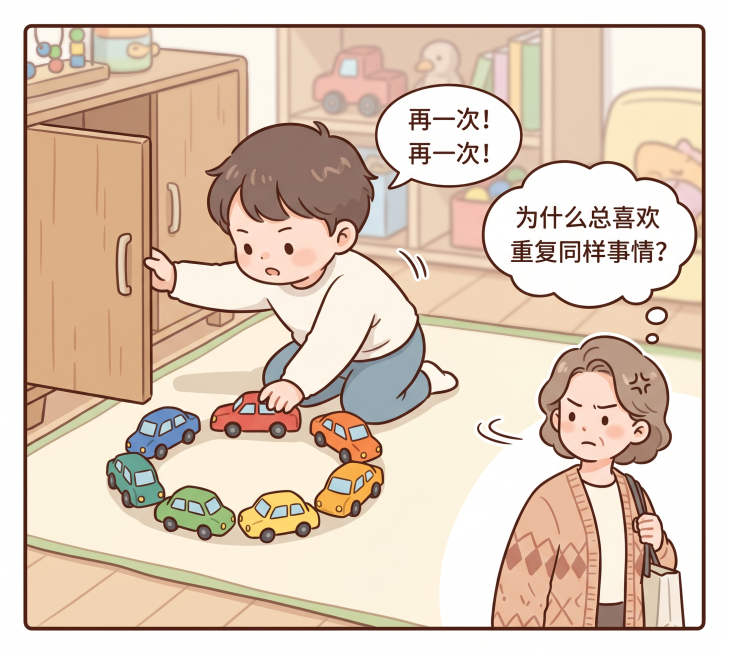 第四幕分镜1，孩子循环排列小汽车、反复开关柜门、重复同一句短句；路过的路人皱眉，飘出疑惑气泡："为什么总喜欢重复同样的事情？"，可爱治愈简洁条漫分格，尺寸1080×960，适合公众号展示预览效果