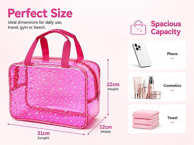 [第3屏 移动端] Amazon Premium A+ Size & Capacity Mobile — Holographic Star Clear Tote Bag. 本屏使用【图3】玫红款作为尺寸标注主图参考。
[氛围/风格] 高端极简跨境电商风，清晰信息图风格，干净专业，Amazon A+ mobile aesthetic。
[元素布局] 左侧约55%放置玫红款透明手提包正面立体图，配尺寸标注线：长31cm、高22cm、宽12cm，标注线清晰；右侧容量示意，用小图标展示可装物品：手机、化妆品、毛巾；背景淡粉白渐变。
[光影质感] 均匀柔光照明，产品清晰通透。
[配色色系] 全局底色 #FFF5F8 淡粉白；主色玫红包身；辅助色白色、深灰文字。
[视角构图] 正面微侧视角，左右布局，阅读动线左产品尺寸 → 右容量信息。
[文字版式] 顶部标题「Perfect Size」；尺寸数字标注清晰；右侧小标题「Spacious Capacity」，下方三行小图标+文字：「Phone」「Cosmetics」「Towel」；所有文字英文，清晰可读。
[比例分辨率] 4:3 横版比例，4K分辨率，文字清晰，高清画质。
[负向提示词] 变形，水印，文字错乱，文字过小，缺件错件，结构错误，颜色偏差，产品图模糊，背景杂乱，中文字符