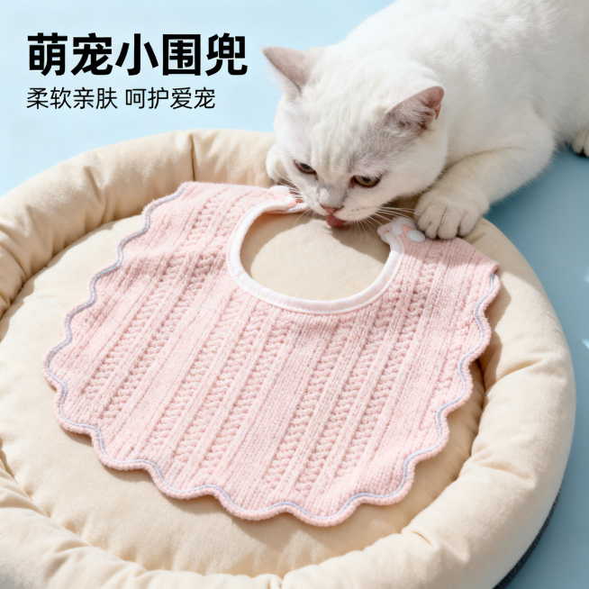 一款宠物口水巾的淘宝产品宣传图，展示可爱口水巾的产品细节，画面干净清新，适合电商展示，突出产品柔软舒适的材质，放置在温馨的宠物场景中，产品清晰美观预览效果