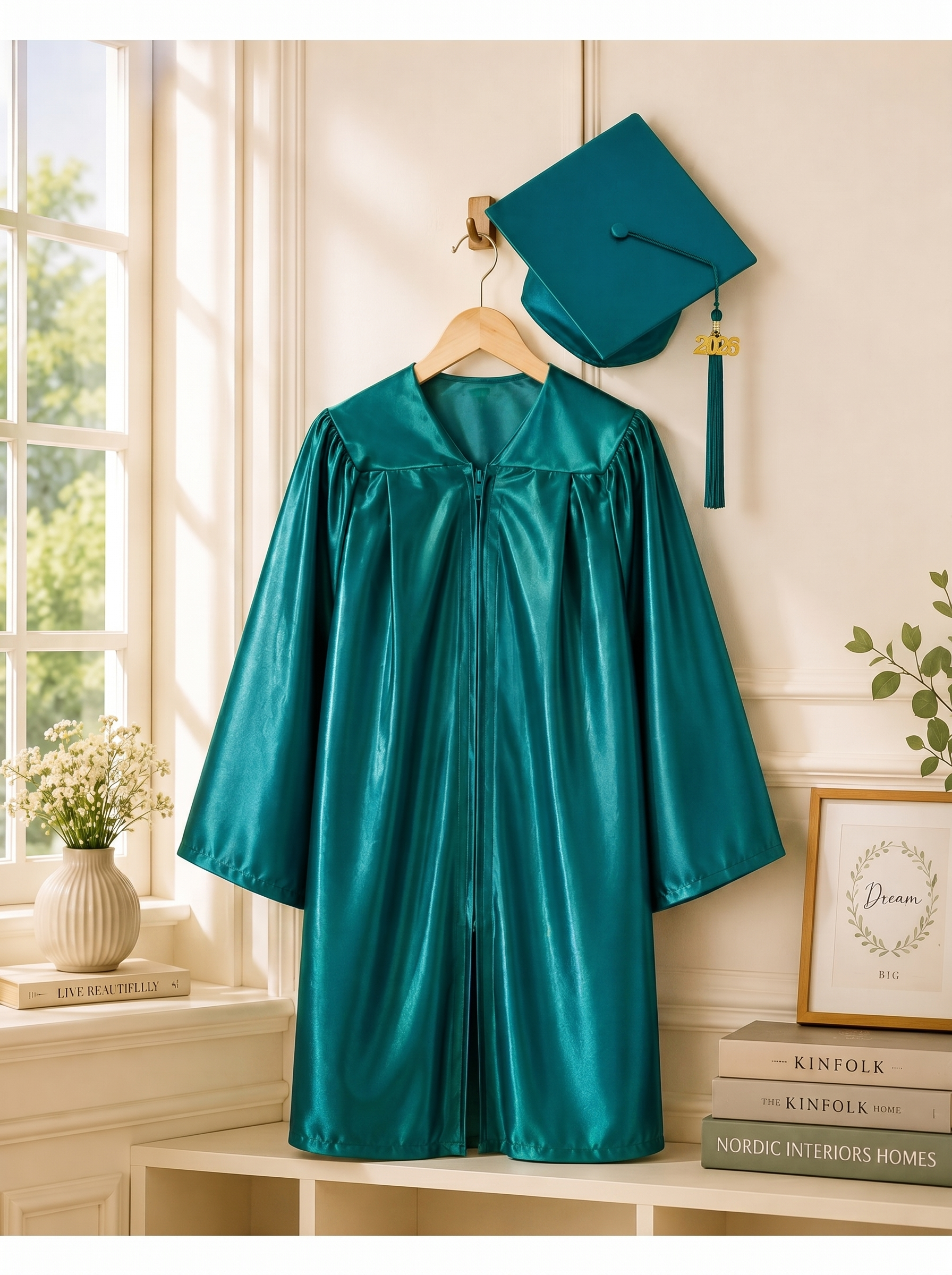 将图中绿色毕业学士服和学士帽修改为第二张图的湖蓝色，保持原图的… - 图片创意预览