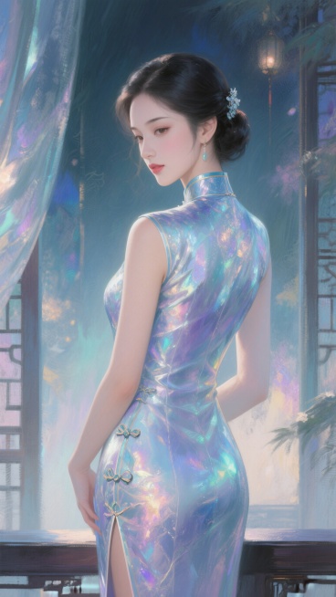 美女身穿旗袍，身材曲线曼妙，展示旗袍背影，画面唯美精致预览效果