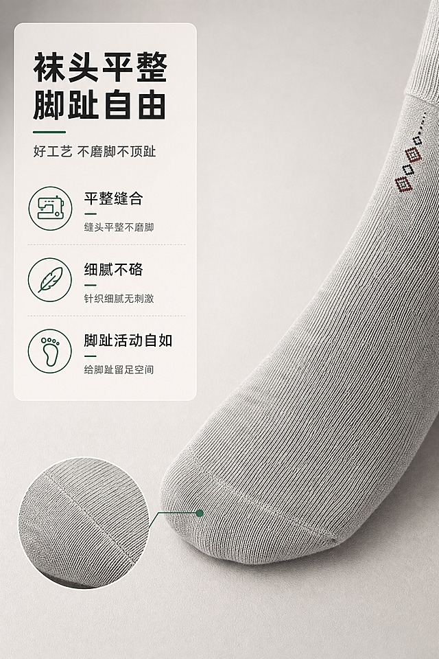 [商品] 使用【图1】浅灰色男士中筒竹纤维袜；商品处理：保留袜子颜色、针织纹理、袜身菱形小标、袜口罗纹、袜跟、袜头缝线和整体版型；自然理顺褶皱，增强袜头部位缝线与针织纹理的高清细腻质感，不改变任何细节。
[画面] 页面目标：展示袜头平整工艺与脚趾自由空间，左文右图竖版构图，右侧袜头部位大特写+局部放大圆窗，展示平整细腻的袜头缝合，产品占画面约60%，背景为暖灰渐变+细腻哑光底。
[视觉] 套系策略：风格=国内电商高级商业摄影，干净通透有质感；标题字=现代无衬线粗黑体；正文字=简洁无衬线体；主色=暖灰+竹青；背景延展=基于暖灰做深浅层级、同色渐变和细腻哑光质感；强调色=竹青绿，仅用于小面积图标、引线和重点词高亮；标题色=深炭灰；正文色=中暖灰；组件=圆角浅底信息卡、细线引线、工艺小图标；光影=左前侧柔和自然光，突出袜头纹理。
[文字] 左侧信息卡主标题「袜头平整 脚趾自由」，副标题「好工艺 不磨脚不顶趾」，下方3个卖点：平整缝合 / 细腻不硌 / 脚趾活动自如；文字横向排版，不遮挡袜头特写主体。
[规格] 图片比例2:3竖版，2K分辨率，medium质量，避免变形、错字、文字过小、袜子颜色改变、纹理失真、冷蓝/蓝灰背景。