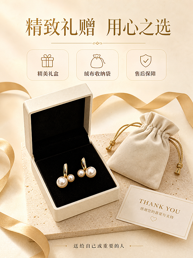 [商品] 使用【图1】【图2】双珠珍珠耳环（金色耳扣款）；保留耳环外观，展示礼盒包装效果。
[画面] 第7张-礼遇收尾，目标：礼盒包装与售后保障。礼盒礼遇型构图，画面中央是一个打开的米白色首饰礼盒，盒内是黑色丝绒内衬，双珠珍珠耳环静静放置在丝绒上，礼盒旁边放着一张小小的感谢卡和一个绒布首饰袋；背景是柔和的奶油米色渐变，有几缕金色丝带作为装饰；整体呈现礼赠的仪式感和精致感，采用略微俯视的角度拍摄。
[视觉] 套系策略：风格=精致轻奢商业珠宝摄影；标题字=纤细优雅衬线体；正文字=简洁无衬线体；主色=奶油香槟色；背景延展=基于奶油香槟做深浅渐变、洞石纹理、丝绒质感；强调色=暖金色，仅用于小面积图标、引线和装饰线；标题色=深金色；正文色=暖棕色；组件=圆角浅底信息卡、细金线引线；光影=顶部柔和光，礼盒内部有温暖的光影感，丝绒质感细腻。
[文字] 画面上方主标题"精致礼赠 用心之选"，下方三个小图标加文字："精美礼盒""绒布收纳袋""售后保障"，底部有一行小字"送给自己或重要的人"。
[规格] 图片比例3:4竖版，2K分辨率，避免礼盒变形、耳环位置不自然、塑料感、模糊、错字、水印、平台Logo、冷蓝灰色调。