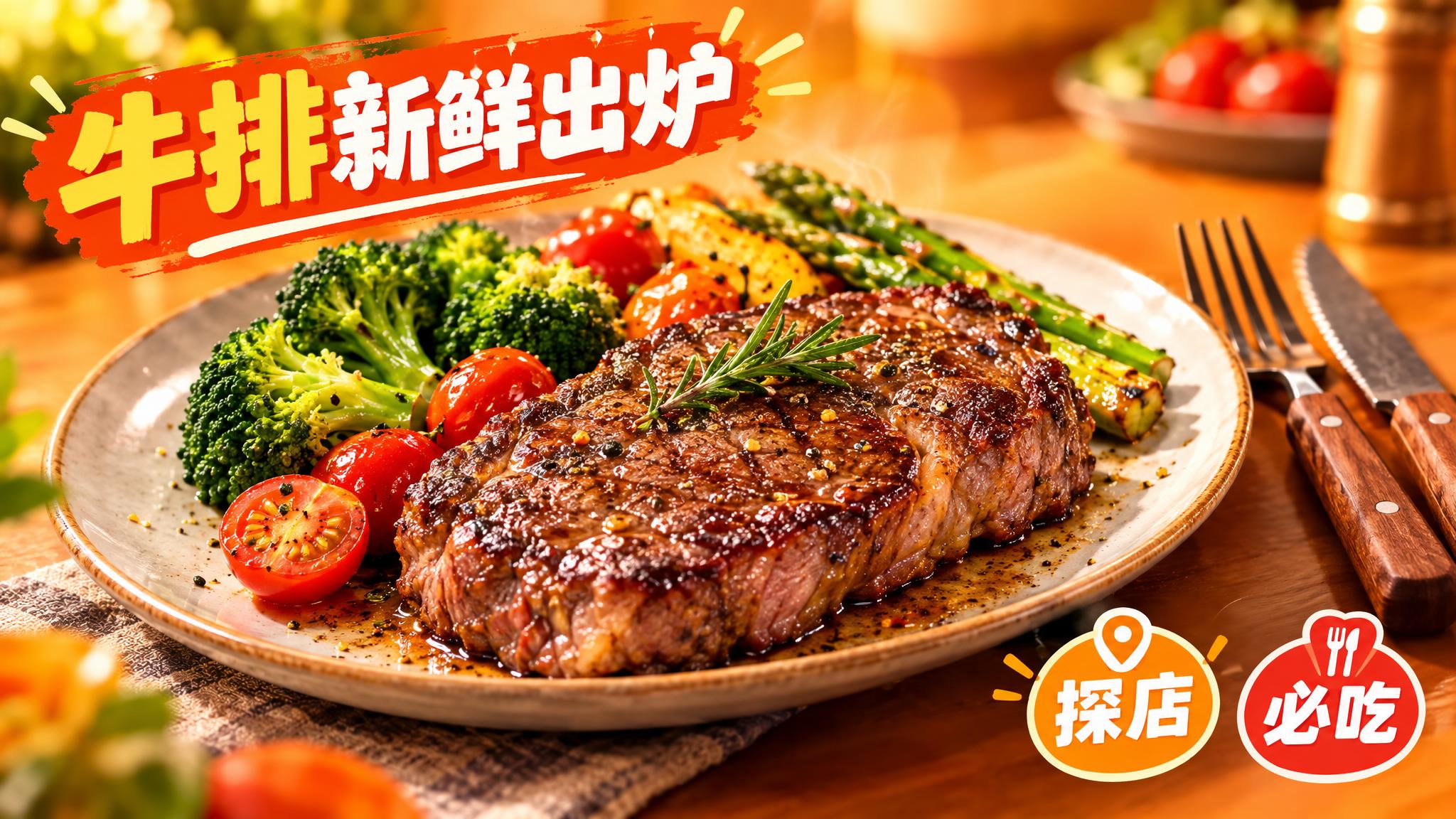 活力美食风格，暖橙色背景，画面中心是一盘色泽诱人的牛排，牛排表… - 图片创意预览