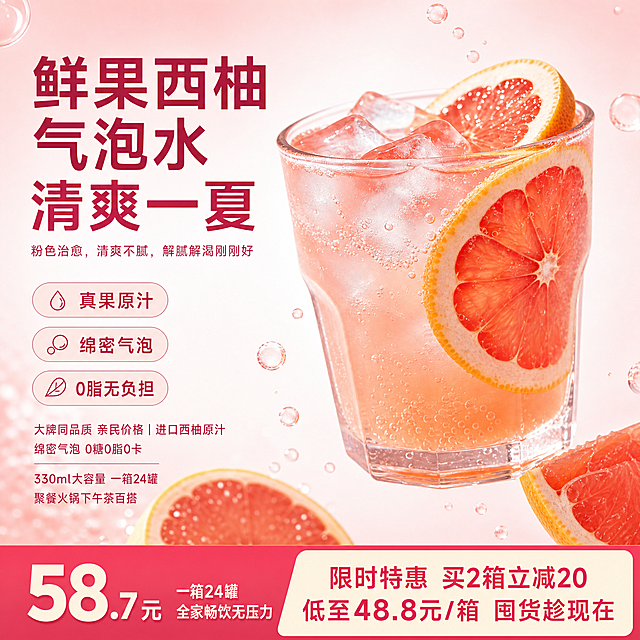 [单张主图] 鲜果西柚气泡水 爆款促销感主图，同时承担点击、理解、信任、转化四个任务，3秒内传达卖什么、强在哪、为何现在买。
[参考比对] 参考图展示了西柚气泡水特写三张拼接，粉色系清爽，生成电商主图保留产品真实质感和西柚色泽，版式按爆款促销设计。
[画面主体] 主体是玻璃杯装的西柚气泡水，搭配两片新鲜西柚切片，杯中有冰块，大量绵密气泡在粉色液体中，杯壁有冷凝水珠。产品主体占画面约60%，居中偏右下位置。保持产品外观、颜色、结构和输入产品图保持绝对一致，杜绝任何变形和色差，精细化处理气泡纹理和西柚果肉纹理。
[构图版式] 采用左文右品标签参数型版式，左侧35%区域放文案，右侧产品主体悬浮，底部撞色高对比信息条放促销权益。
[场景元素] 背景由浅粉色到白色渐变干净留白，气泡和西柚果肉作为点缀自然分布在背景边缘，不抢主体。左侧三个浅色圆角胶囊标签展示核心卖点，底部通栏色块放价格和促销信息。
[文案版式] 左上粗黑大标题分三行："鲜果西柚气泡水" "清爽一夏"。标题下方小字slogan："粉色治愈，清爽不腻，解腻解渴刚刚好"。三个胶囊标签依次放文案："真果原汁"、"绵密气泡"、"0脂无负担"。下方补充小字："大牌同品质 亲民价格 | 进口西柚原汁 绵密气泡 0糖0脂0卡" "330ml大容量 一箱24罐 聚餐火锅下午茶百搭"。底部通栏色块，左侧放大数字标注到手价："58.7元"，标注"一箱24罐 全家畅饮无压力"，右侧放促销文案："限时特惠 买2箱立减20 低至48.8元/箱 囤货趁现在"。所有文字清晰不遮挡主体，大标题字最大，价格数字第二大，辅助文案最小，层级分明，深粉色字配浅背景强对比，保证可读性。
[光影质感] 自然暖逆光从侧后方打来，突出西柚果肉的通透感和液体中气泡的高光，光线柔和通透，产品清晰真实，背景干净高级，有食欲感。
[配色字体] 主色调浅粉色，辅助色白色和深粉色，强调色深粉色突出促销信息。字体使用粗黑无衬线字体，主标题加粗最大，价格大数字加粗，辅助文案字号缩小，对比分明。
[比例分辨率] 1:1比例，2048*2048像素，2K分辨率，文字清晰可辨。
[负向提示词] 变形，水印，文字错乱，产品图模糊，背景杂乱，错字，糊字，主体遮挡，错误结构