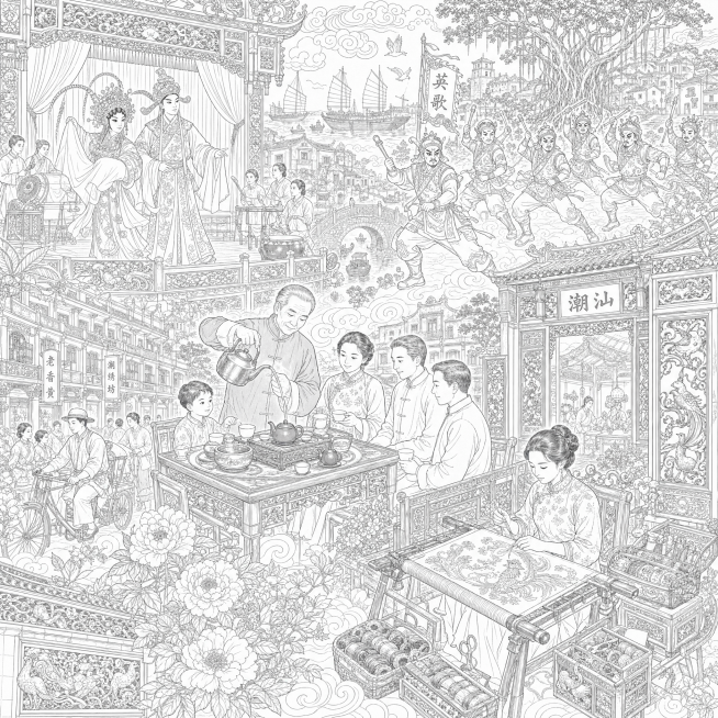 参考参考图的精致白描线稿风格，创作潮汕文化主题正方形插画线稿，完整包含工夫茶冲泡场景、潮剧戏曲人物、潮绣刺绣工艺、传统木雕装饰、英歌舞表演五大元素，展现丰富多元的潮汕传统文化预览效果