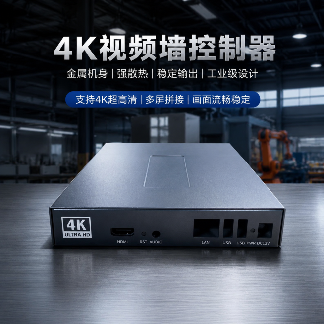 4K视频墙控制器，突出展示金属机身设计，工业风工厂背景，简约商务风格，适配爱采购平台，凸显产品质感预览效果